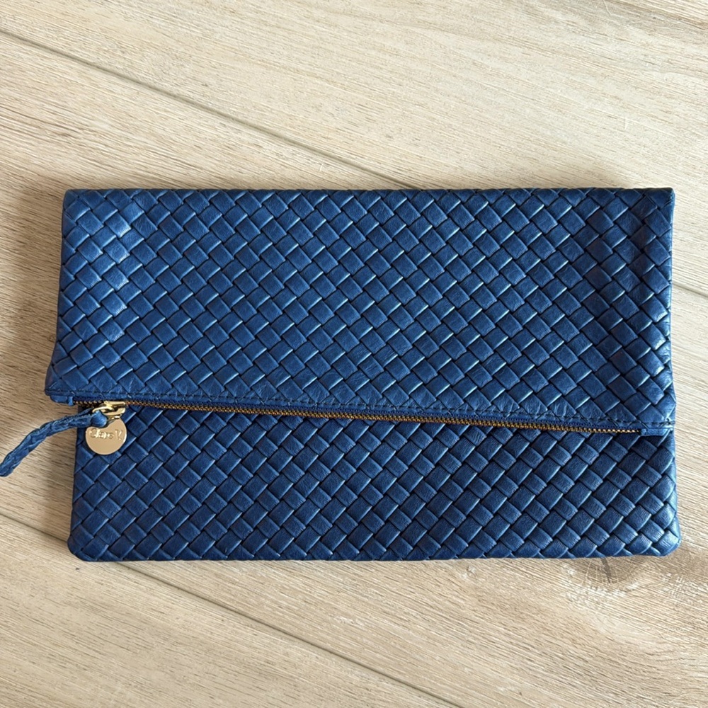 Navy Woven Fold-Over Clutch with Gold Zip Accent